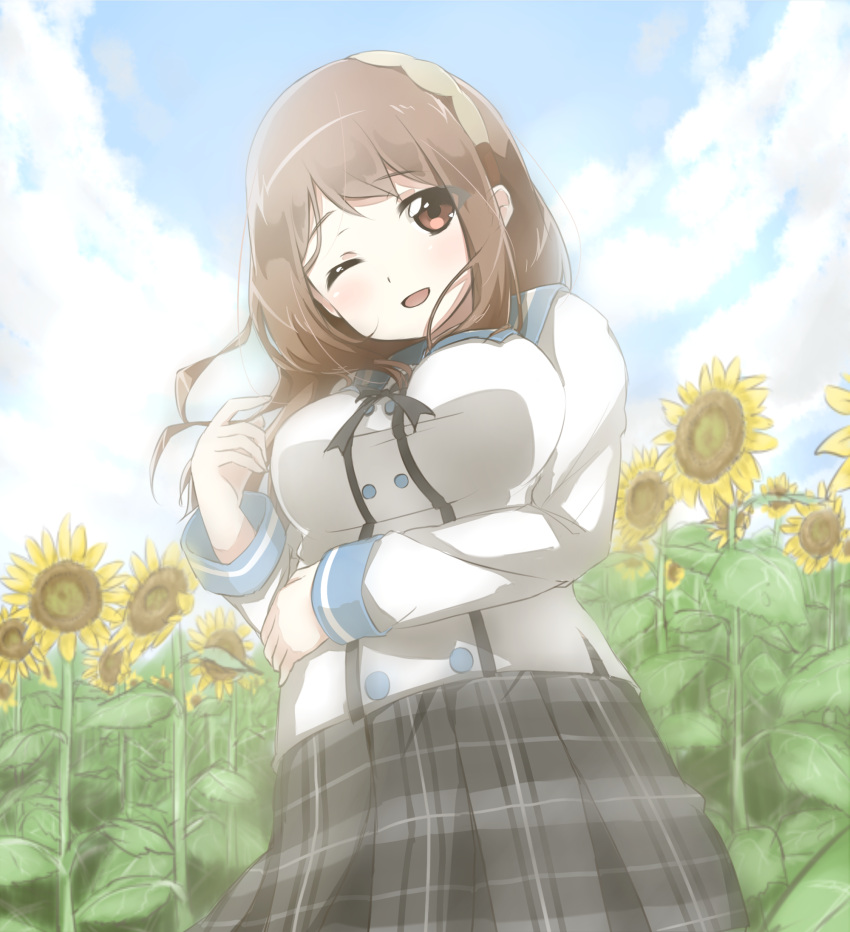 1girl, beni_moyashi, blue_sky, blush, breasts, brown_eyes, brown_hair, clouds, cloudy_sky, ensemble_girls!, flower, highres, kimisaki_school_uniform, large_breasts, long_hair, long_sleeves, looking_at_viewer, one_eye_closed, open_mouth, plaid, plaid_skirt, school_uniform, skirt, sky, smile, solo, sunflower, yellow_flower, yumeji_maria