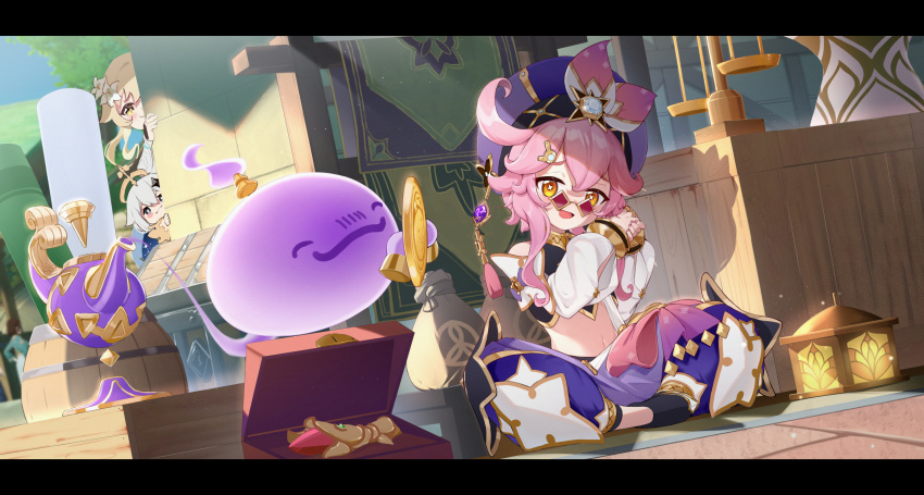 3girls, :d, absurdres, arabian_clothes, bangs, barrel, black_eyes, blonde_hair