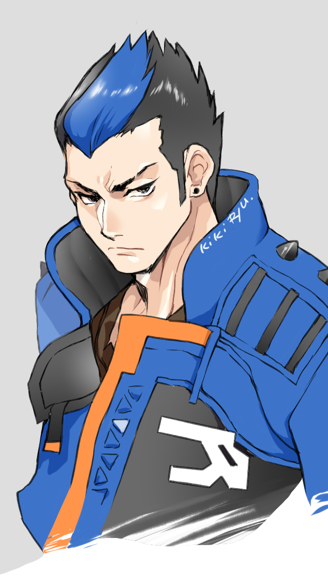1boy, animification, black_eyes, black_hair, blue_hair, blue_jacket, grey_background, hair_behind_ear