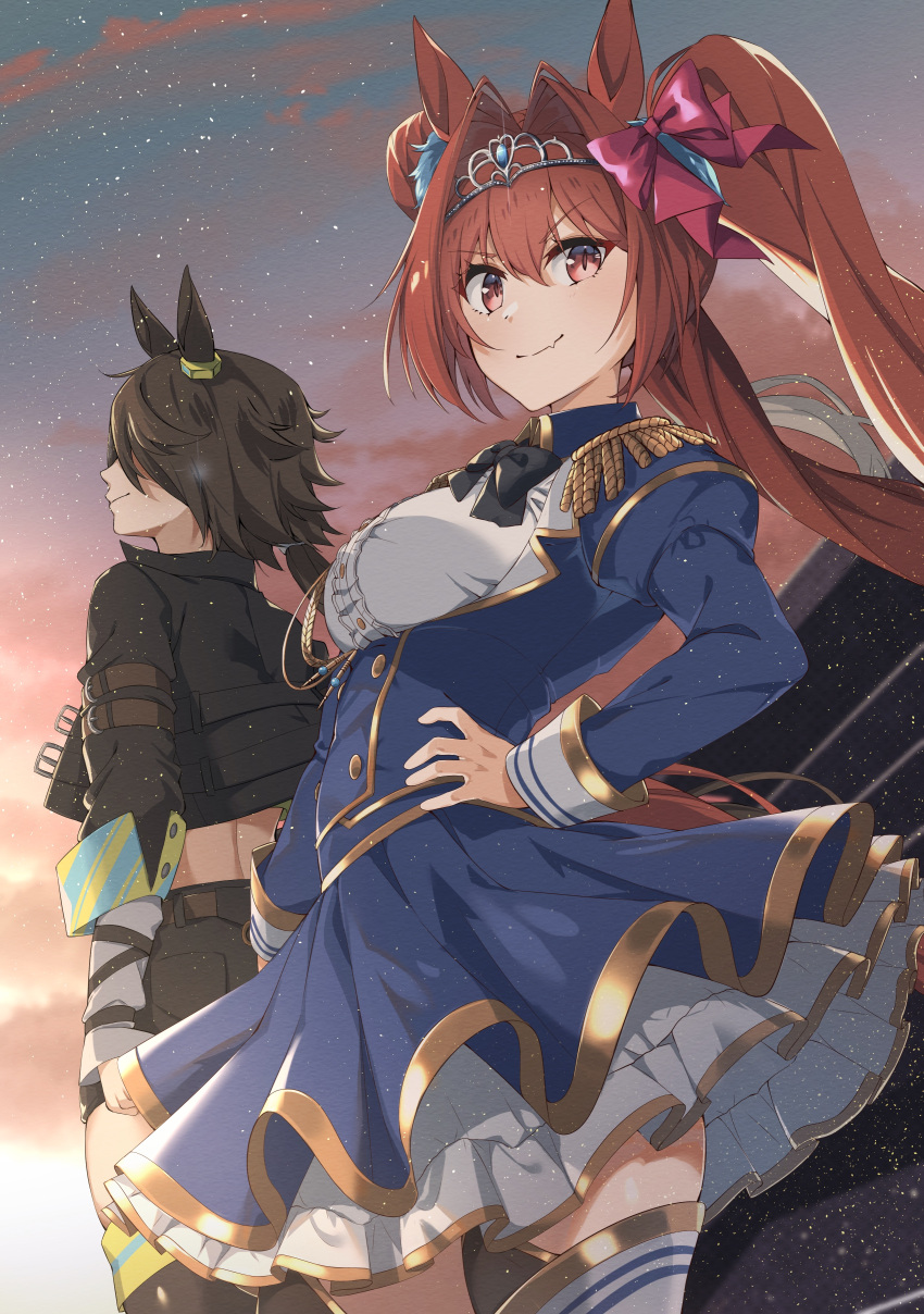 2girls, absurdres, animal_ears, bangs, black_bow, black_hair, black_jacket, black_shorts