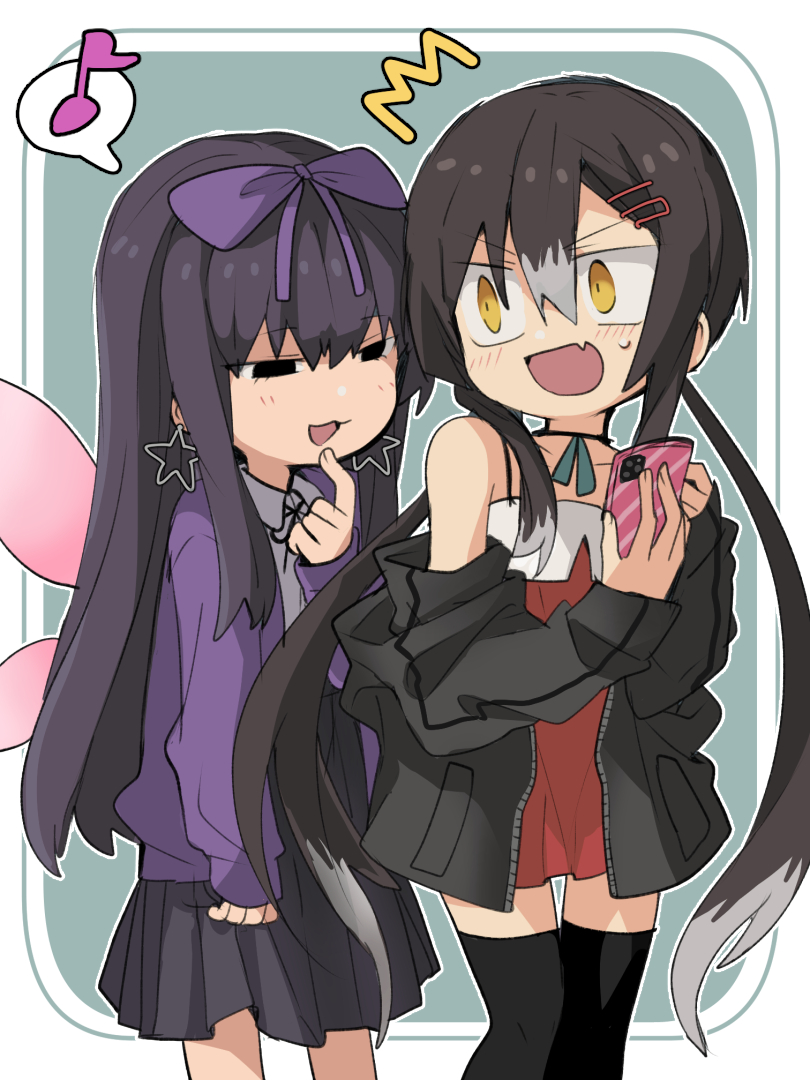 2girls, :d, ^^^, bangs, black_hair, black_jacket, black_ribbon, black_skirt