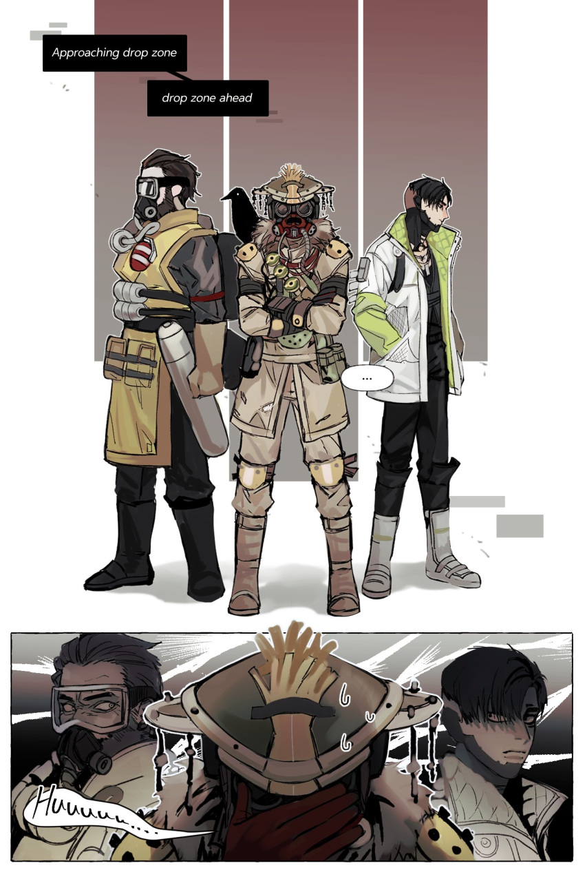 ..., 1other, 2boys, 47_lall, animal_on_shoulder, apex_legends, bird, bird_on_shoulder, black_eyes, black_footwear, black_pants, black_shirt, bloodhound_(apex_legends), boots, brown_footwear, brown_jacket, caustic_(apex_legends), clenched_hand, crossed_arms, crow, crypto_(apex_legends), english_text, facepalm, gas_mask, gloves, goggles, green_vest, grey_footwear, hazmat_suit, helmet, highres, jacket, jewelry, knee_pads, korean_commentary, looking_to_the_side, mask, multiple_boys, necklace, pants, rebreather, red_gloves, shaded_face, shirt, speech_bubble, spoken_ellipsis, vest, white_jacket, yellow_gloves