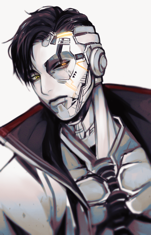 1boy, 47_lall, apex_legends, black_hair, colored_sclera, crypto_(apex_legends), cyborg, frown