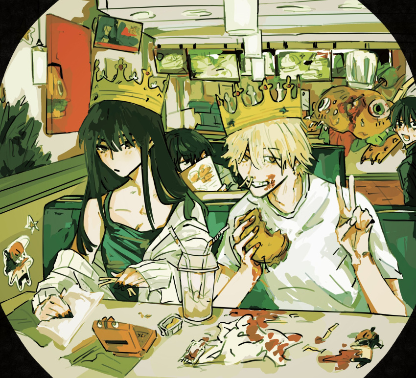 1girl, 3boys, bangs, black_hair, black_tank_top, blonde_hair, burger, chainsaw