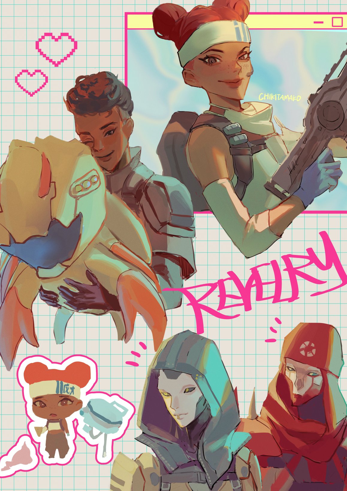 1boy, 3girls, android, animification, apex_legends, artist_name, ash_(titanfall_2), bandana, bangalore_(apex_legends), black_pants, black_sclera, brown_jacket, chibi, chibi_inset, colored_sclera, creature, d.o.c._health_drone, dark-skinned_female, dark_skin, double_bun, energy_gun, food, frown, hair_bun, heart, highres, holding, holding_creature, humanoid_robot, ice_cream, ice_cream_cone, ice_cream_cone_spill, jacket, lifeline_(apex_legends), looking_to_the_side, metal_skin, multiple_girls, nemesis_burst_ar, non-humanoid_robot, nuzzle, one_eye_closed, pants, red_bandana, reikichi, revenant_(apex_legends), robot, short_hair, simulacrum_(titanfall), smile, tank_top, weapon, white_tank_top, yellow_eyes