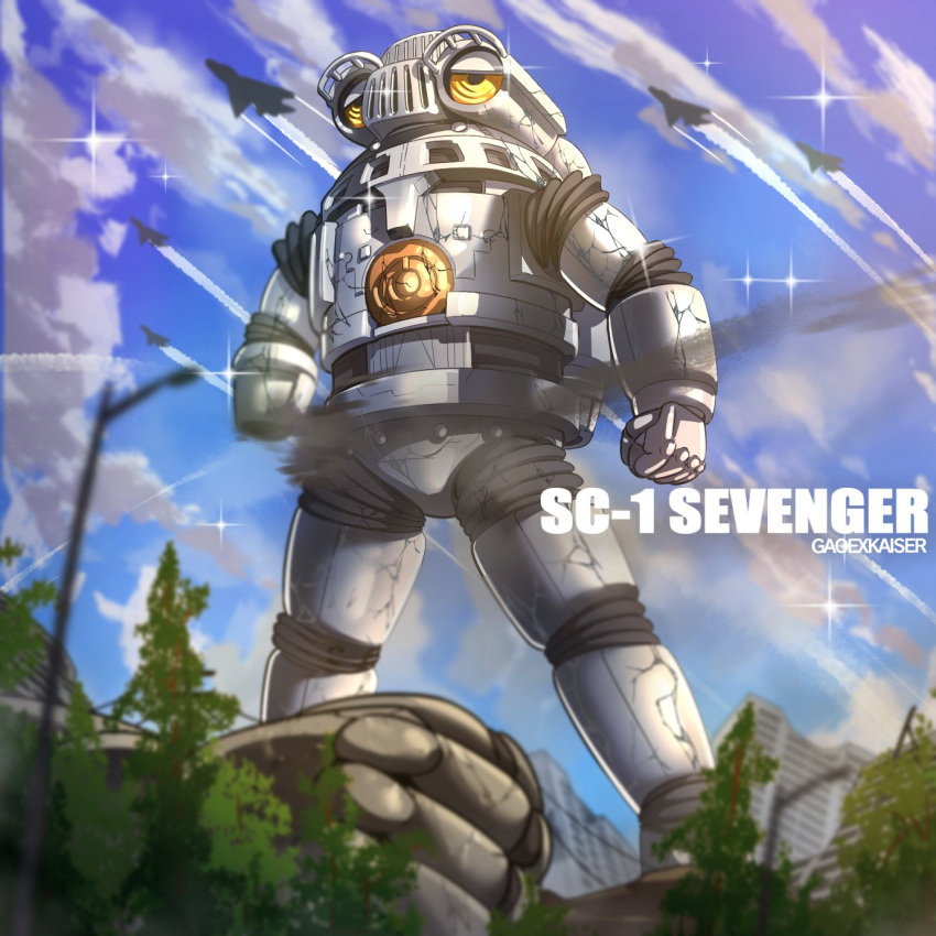 aircraft, airplane, blurry, blurry_foreground, character_name, clouds, contrail, damaged, fighter_jet, gao_ex_kaiser, glint, highres, jet, looking_up, mecha, military, military_vehicle, missing_limb, no_humans, robot, science_fiction, sevenger, sky, smoke, solo, tokusatsu, tree, ultra_series, ultraman_z_(series), yellow_eyes