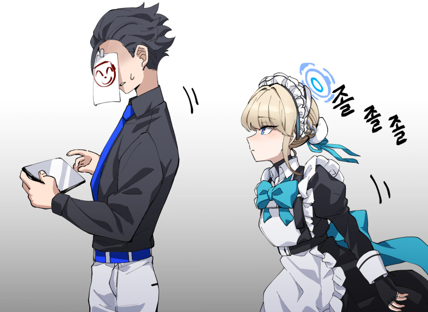 1boy, 1girl, apron, arona's_sensei_doodle_(blue_archive), belt, black_gloves, blonde_hair, blue_archive