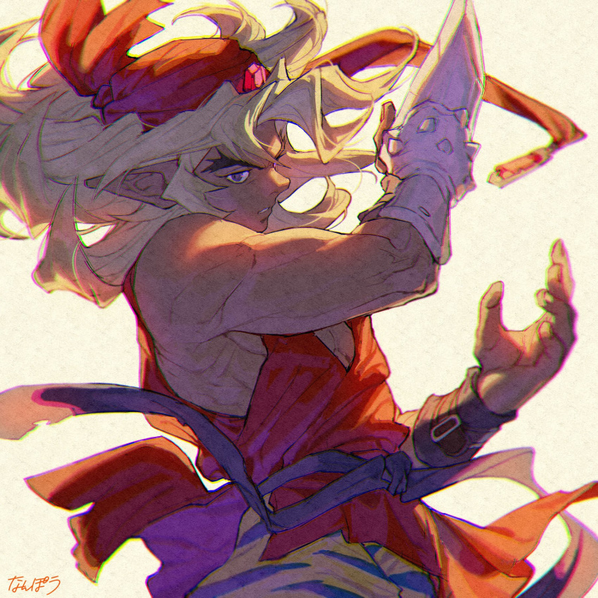 1boy, animal_print, artist_name, bandana, bangs, bare_shoulders, blonde_hair, cowboy_shot