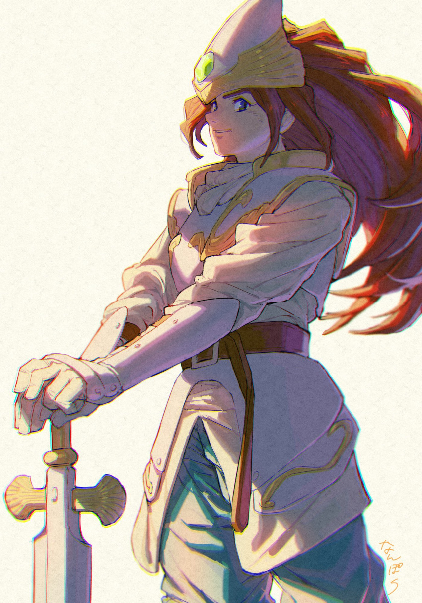 1boy, artist_name, bangs, blue_eyes, blue_pants, brown_hair, coat, cowboy_shot