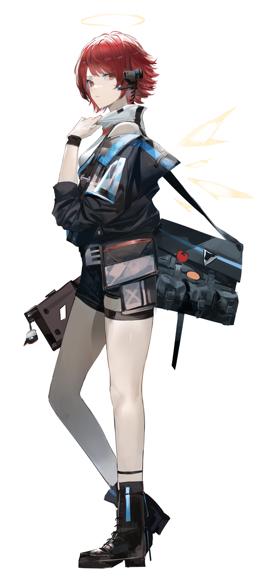 1girl, arknights, bag, black_footwear, black_jacket, black_shorts, blazpu, boots, brown_eyes, commission, detached_wings, earpiece, exusiai_(arknights), exusiai_(midnight_delivery)_(arknights), full_body, halo, highres, jacket, official_alternate_costume, parted_lips, redhead, shirt, short_hair, shorts, simple_background, solo, white_background, white_shirt, wings