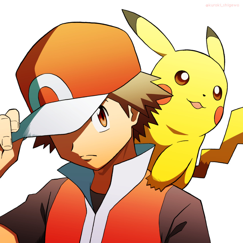 1boy, brown_eyes, brown_hair, closed_mouth, frown, hand_on_headwear, hand_up, highres