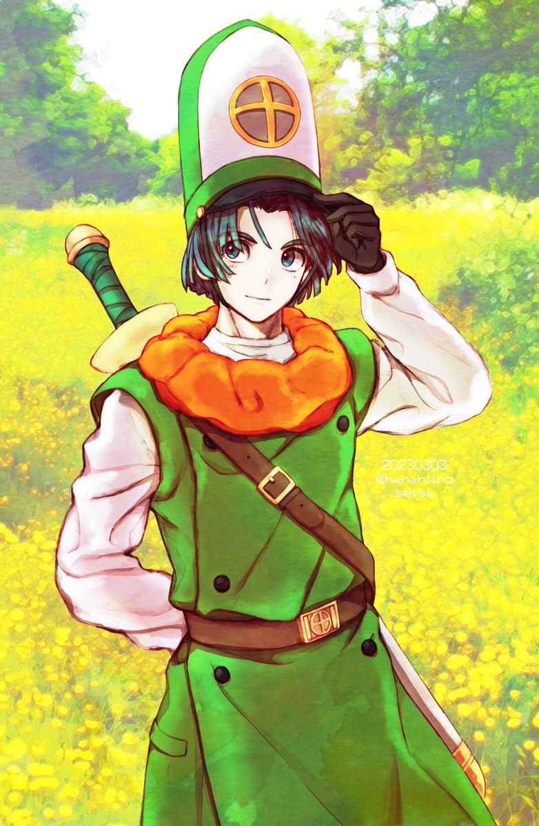 1boy, 39cva, adjusting_clothes, adjusting_headwear, arm_behind_back, bangs, belt, black_gloves