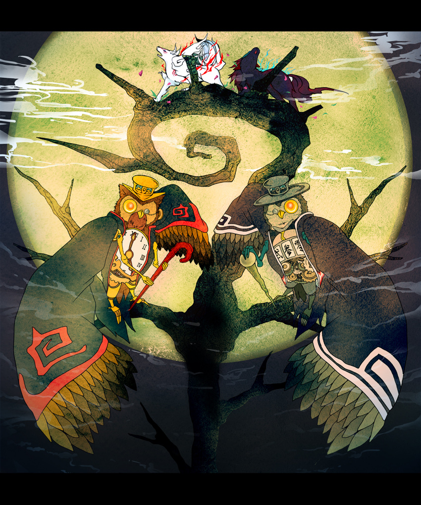 amaterasu_(ookami), animal_focus, bird, clock, clouds, commentary_request, full_body, full_moon