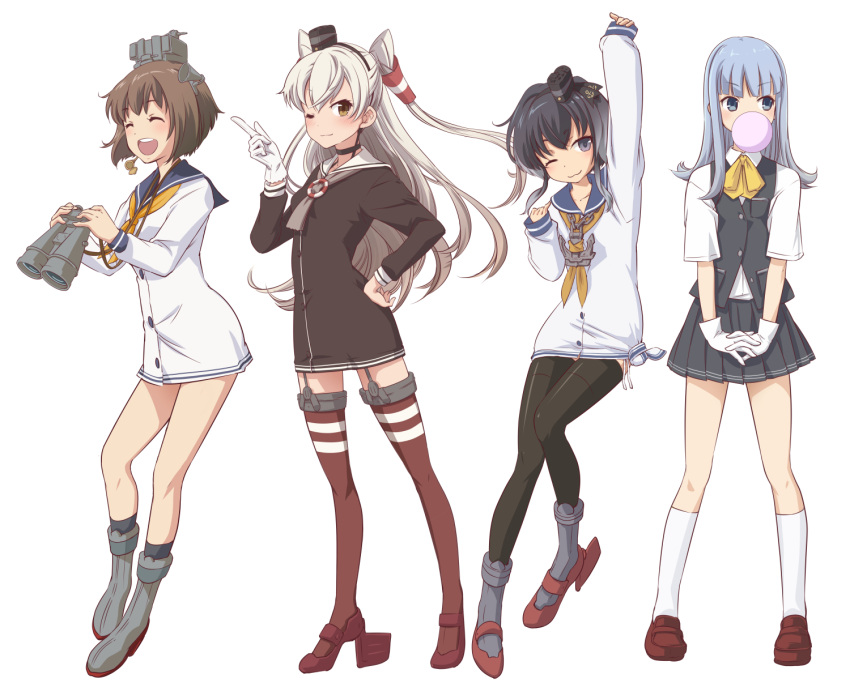 4girls, amatsukaze_(kancolle), arm_up, binoculars, black_hair, black_thighhighs, blue_hair, brown_hair, bubble_blowing, chewing_gum, closed_eyes, dress, garter_straps, gloves, grey_hair, greyscale, hair_tubes, hand_on_hip, hatsukaze_(kancolle), headgear, highres, kantai_collection, long_hair, long_sleeves, monochrome, multicolored_hair, multiple_girls, one_eye_closed, open_mouth, pleated_skirt, rudder_footwear, sailor_collar, sailor_dress, saitou_sakae, school_uniform, serafuku, shirt, short_hair, simple_background, single_glove, skirt, thigh-highs, tokitsukaze_(kancolle), two_side_up, very_long_hair, white_background, white_dress, white_gloves, white_shirt, yukikaze_(kancolle)