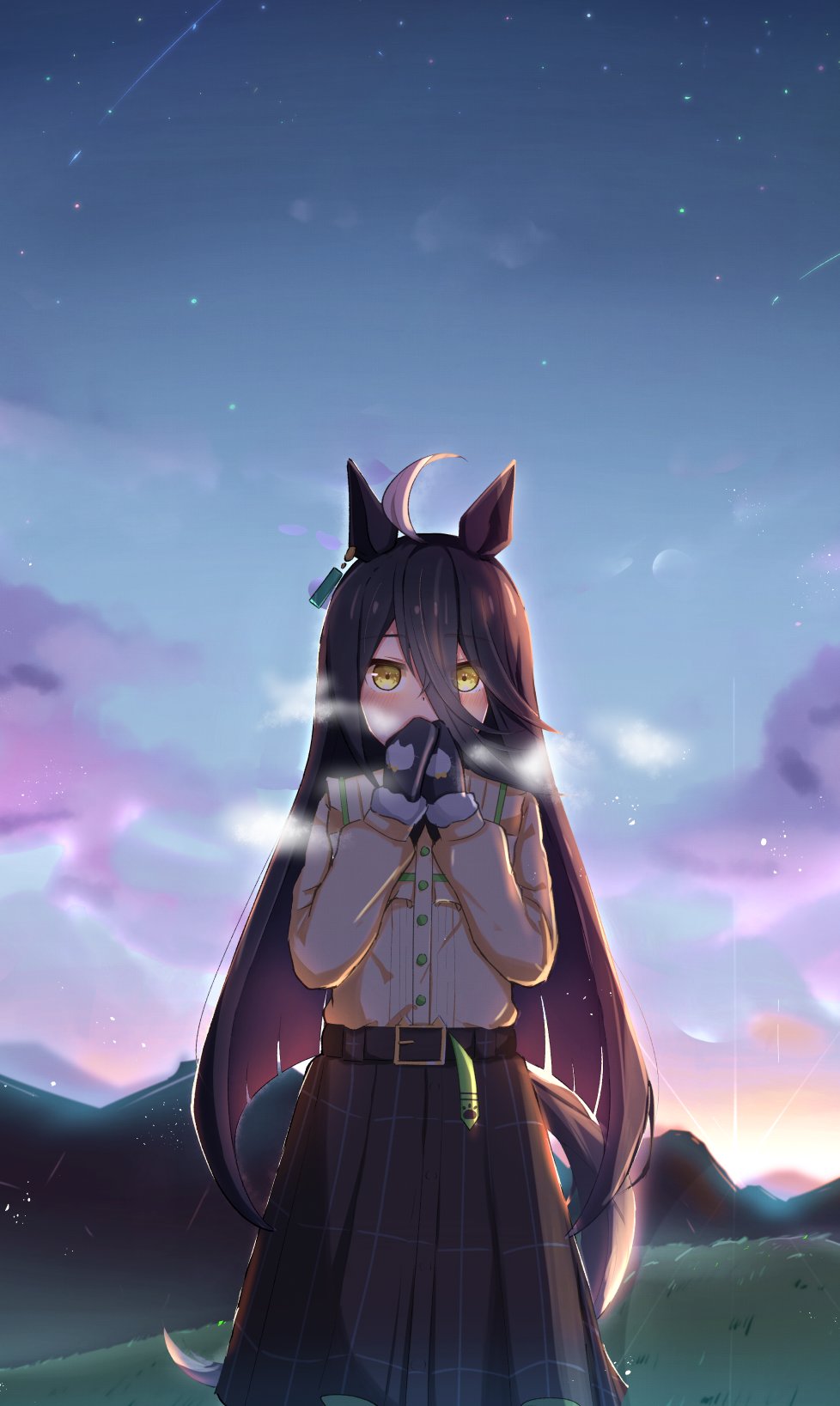 1girl, ahoge, animal_ears, belt, black_skirt, blush, breath, clouds