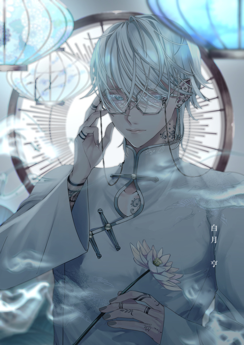 1boy, absurdres, adjusting_eyewear, arm_tattoo, backlighting, bangs, blue_eyes, blurry