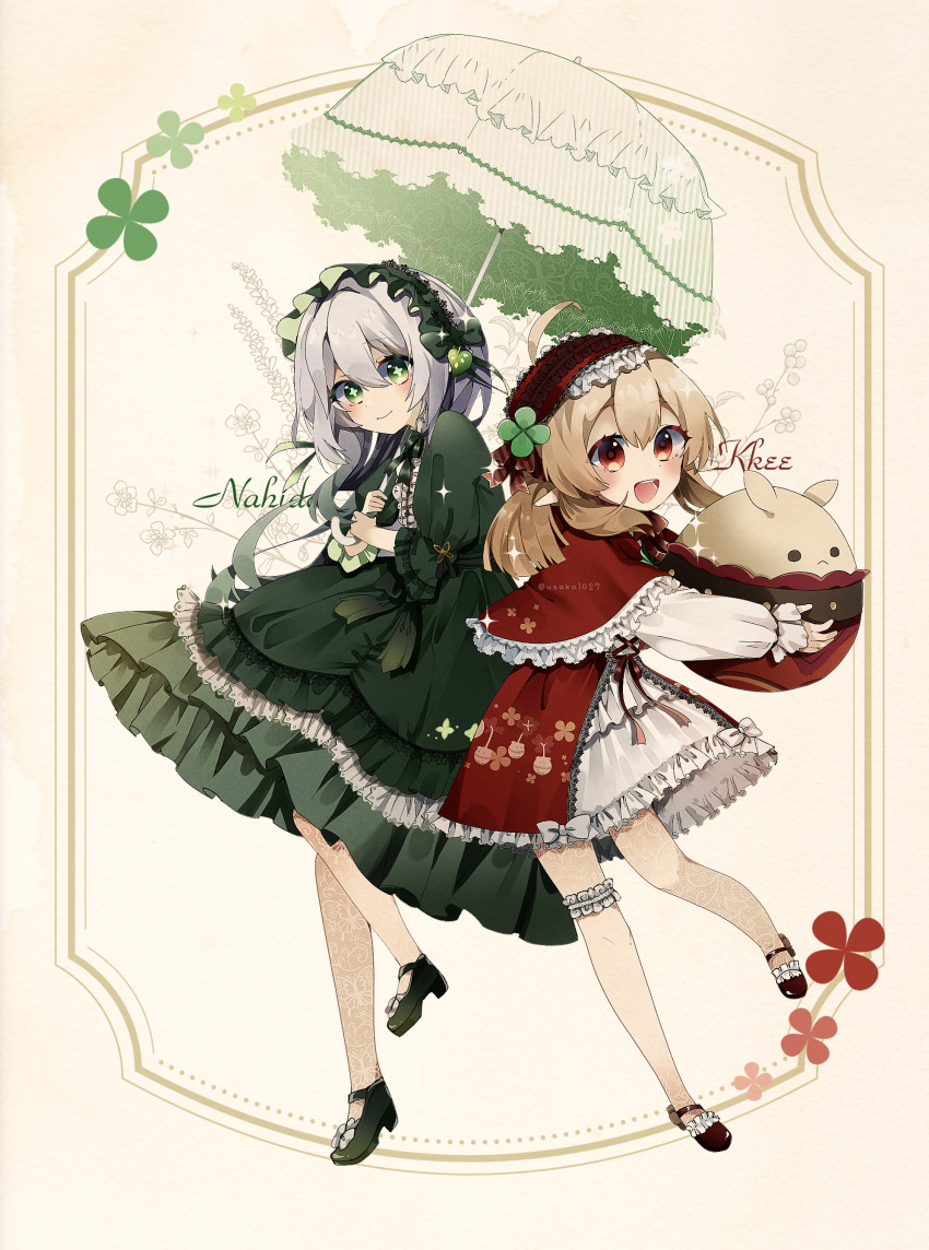 2girls, :d, absurdres, ahoge, alternate_costume, alternate_hairstyle, bangs, capelet, character_name, clover_hair_ornament, commentary, doll_hug, dress, frilled_capelet, frilled_dress, frills, full_body, genshin_impact, gradient_hair, green_eyes, grey_hair, hair_between_eyes, hair_down, hair_ornament, hairband, high_heels, highres, holding, holding_umbrella, jumpy_dumpty, klee_(genshin_impact), light_brown_hair, lolita_fashion, lolita_hairband, long_hair, long_sleeves, looking_at_viewer, low_twintails, mary_janes, multicolored_hair, multiple_girls, nahida_(genshin_impact), object_hug, orange_eyes, pantyhose, parasol, pointy_ears, see-through, see-through_legwear, shoes, sidelocks, simple_background, smile, symbol-shaped_pupils, thighlet, twintails, two-tone_hair, umbrella, usako_(usako1031)