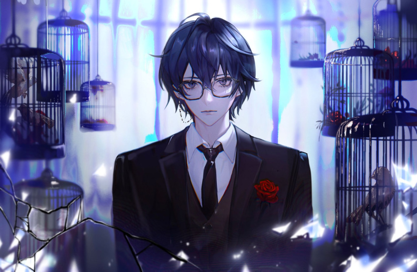 1boy, black_hair, black_necktie, black_shirt, broken, cage, collared_shirt, eyewear_strap