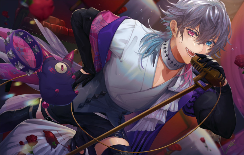 1boy, :d, argyle, argyle_coat, black_gloves, black_shorts, blue_eyes, blue_hair