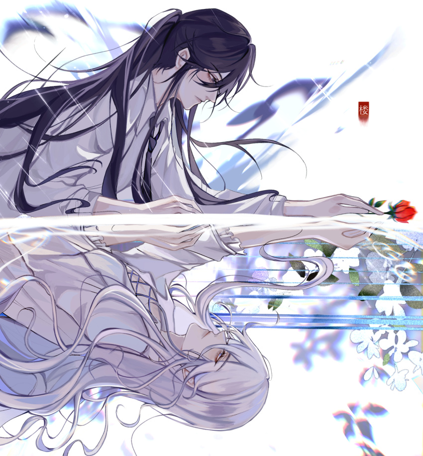 2boys, bai_liu, bishounen, black_hair, collared_shirt, flower, high_ponytail, highres