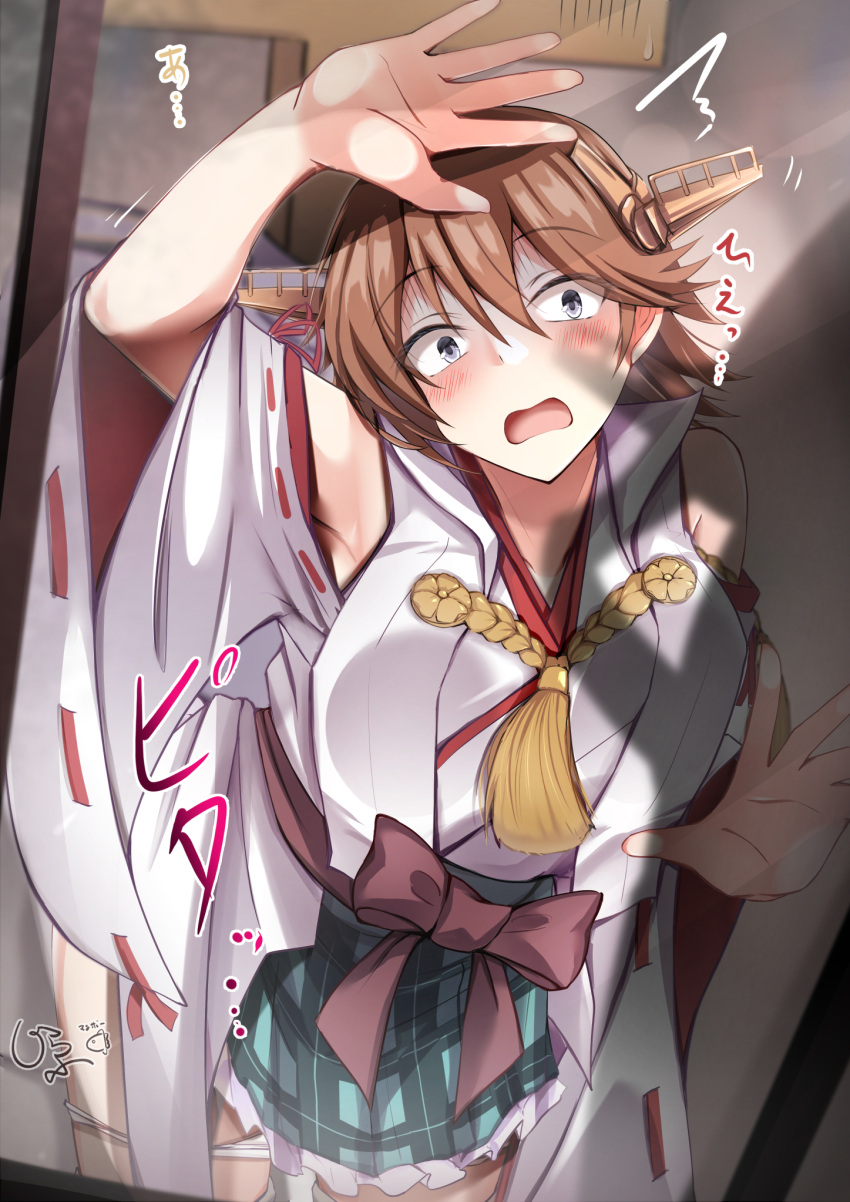 1girl, ^^^, against_glass, brown_hair, commentary_request, cowboy_shot, detached_sleeves, flipped_hair