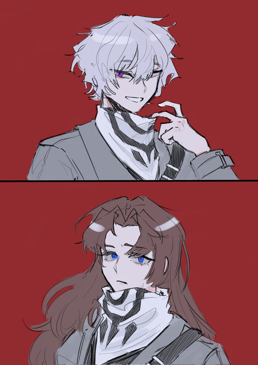1boy, 1girl, bangs, blue_eyes, brown_hair, coat, commentary_request, grey_coat