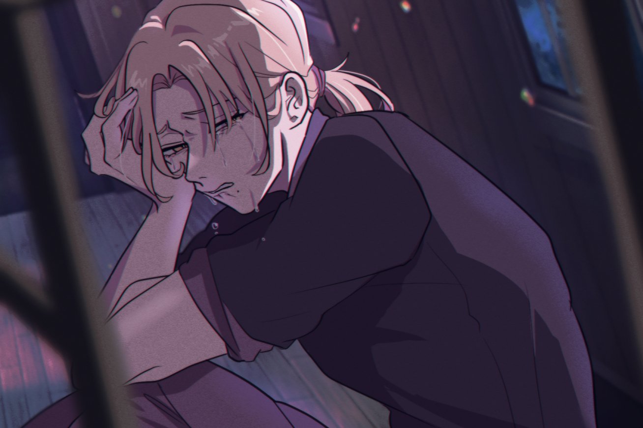 1boy, alternate_hairstyle, bangs, beibeidnkb, black_shirt, blonde_hair, blurry, blurry_foreground, brown_pants, clenched_teeth, crying, crying_with_eyes_open, feet_out_of_frame, from_side, hand_on_own_face, holostars, holostars_english, indoors, knees_up, looking_at_viewer, looking_to_the_side, low_ponytail, magni_dezmond, male_focus, medium_hair, mole, mole_under_mouth, pants, parted_bangs, shirt, sitting, sleeves_rolled_up, solo, tears, teeth, virtual_youtuber, window, wiping_tears, wooden_floor, yellow_eyes