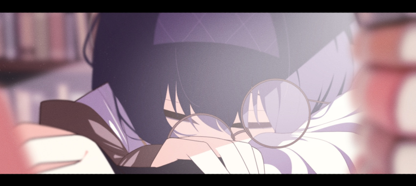 1girl, black_hair, black_undershirt, blue_archive, blue_hairband, blurry, blurry_background, blurry_foreground, book, book_stack, close-up, closed_eyes, depth_of_field, eyewear_slip, glasses, hairband, head_rest, round_eyewear, school_uniform, serafuku, sleeping, solo, sunlight, ui_(blue_archive), waba_(sukn_2002), white_serafuku