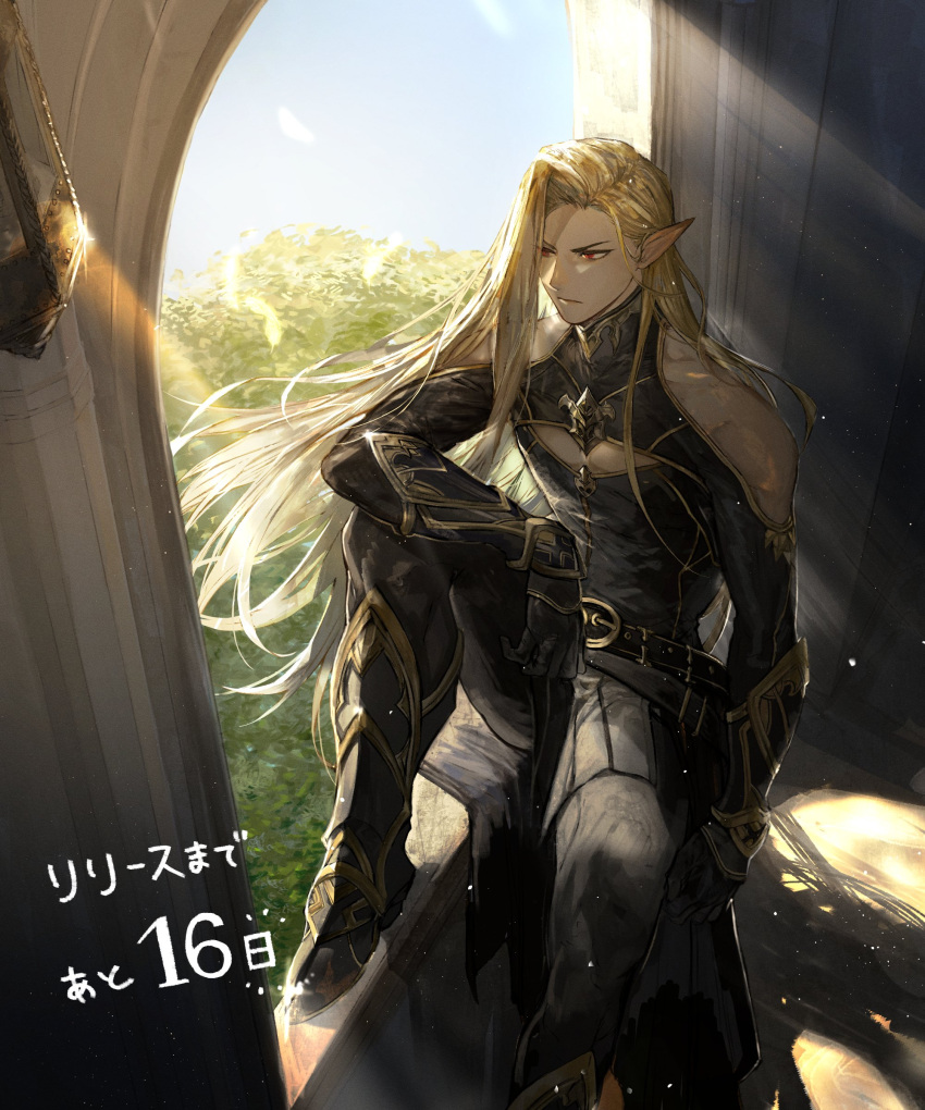 1boy, absurdres, arm_guards, bangs, bare_shoulders, belt, black_belt, black_footwear, black_gloves, black_pants, black_shirt, blonde_hair, boots, cleavage_cutout, closed_mouth, clothing_cutout, comb_over, day, foot_out_of_frame, gloves, gran_saga, highres, irorigumi, karte_(gran_saga), knee_up, lantern, light_particles, light_rays, long_hair, long_sleeves, male_focus, pants, pointy_ears, red_eyes, shadow, shirt, shoulder_cutout, sideways_glance, sitting, solo, sunlight, tree, turtleneck, v-shaped_eyebrows, waist_cape, window