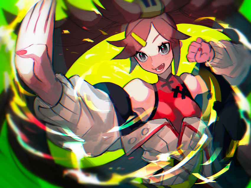 1girl, bare_shoulders, brown_eyes, brown_hair, china_dress, chinese_clothes, dress, fighting_stance, guilty_gear, hair_ornament, hair_ring, hairclip, highres, kunio-kun_series, kuradoberi_jam, long_hair, looking_at_viewer, official_alternate_costume, red_dress, red_nails, river_city_girls, river_city_girls_2, twintails, yohane_shimizu