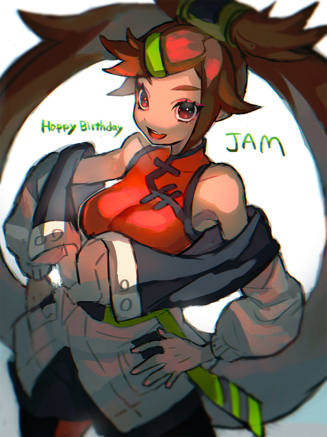 1girl, bare_shoulders, brown_hair, character_name, china_dress, chinese_clothes, dress, guilty_gear