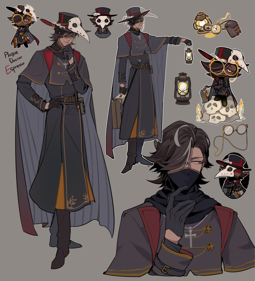 1boy, absurdres, alternate_costume, belt, belt_pouch, black_gloves, black_headwear, black_robe, boots, brown_belt, brown_eyes, brown_footwear, brown_hair, candle, cane, cape, chibi, chibi_inset, chinese_commentary, commentary_request, cookie_run, cropped_torso, cross, cross_necklace, crossed_legs, dark-skinned_male, dark_skin, english_text, espresso_cookie, eyewear_strap, finger_to_mouth, full_body, glasses, gloves, gradient_clothes, grey_background, grey_cape, grey_hair, hair_over_one_eye, half_gloves, hand_on_hip, hat, highres, holding, holding_lantern, holding_suitcase, jewelry, kerosene_lamp, lantern, looking_at_viewer, male_focus, mask, mask_on_head, mask_pull, mouth_mask, multicolored_hair, multiple_views, necklace, outline, outstretched_arm, plague_doctor, plague_doctor_mask, pocket_watch, pouch, robe, round_eyewear, saka_nagiya, short_hair, sitting, skull, slit_pupils, standing, streaked_hair, suitcase, watch, white_outline, yellow-framed_eyewear