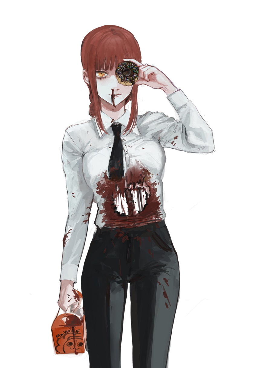 1girl, bangs, black_necktie, black_pants, blood, blood_on_clothes, blood_on_face, chainsaw_man, collared_shirt, doughnut, food, highres, hole_on_body, kamo_(kamonegioisi), looking_at_viewer, looking_through_doughnut, makima_(chainsaw_man), medium_hair, necktie, nosebleed, pants, redhead, ringed_eyes, shirt, shirt_tucked_in, sidelocks, simple_background, solo, white_background, white_shirt, yellow_eyes
