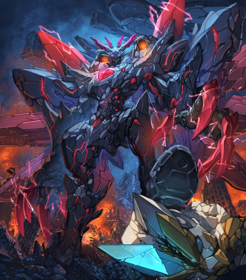 claws, crackling_energy, full_body, gamazou, highres, looking_at_viewer, mecha, no_humans, original, robot