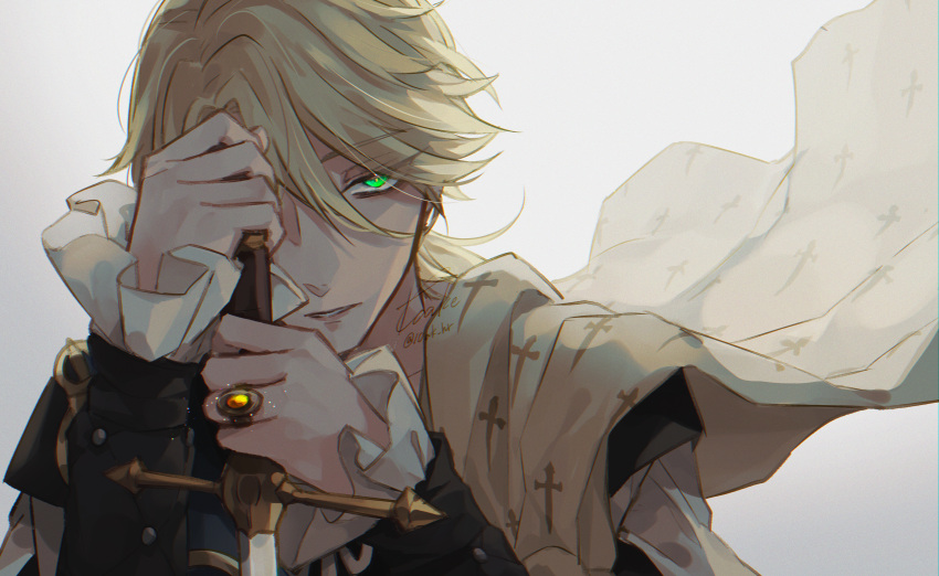 1boy, absurdres, aesop_carl, aesop_carl_(hamlet), black_jacket, blonde_hair, cape, cross_print, frilled_sleeves, frills, green_eyes, hair_between_eyes, hand_on_hilt, highres, holding, holding_sword, holding_weapon, identity_v, jacket, jewelry, long_hair, looking_at_viewer, low_ponytail, male_focus, official_alternate_costume, one_eye_covered, parted_lips, ring, shirt, simple_background, solo, sword, toalke_knell, upper_body, weapon, white_background, white_shirt, yellow_cape
