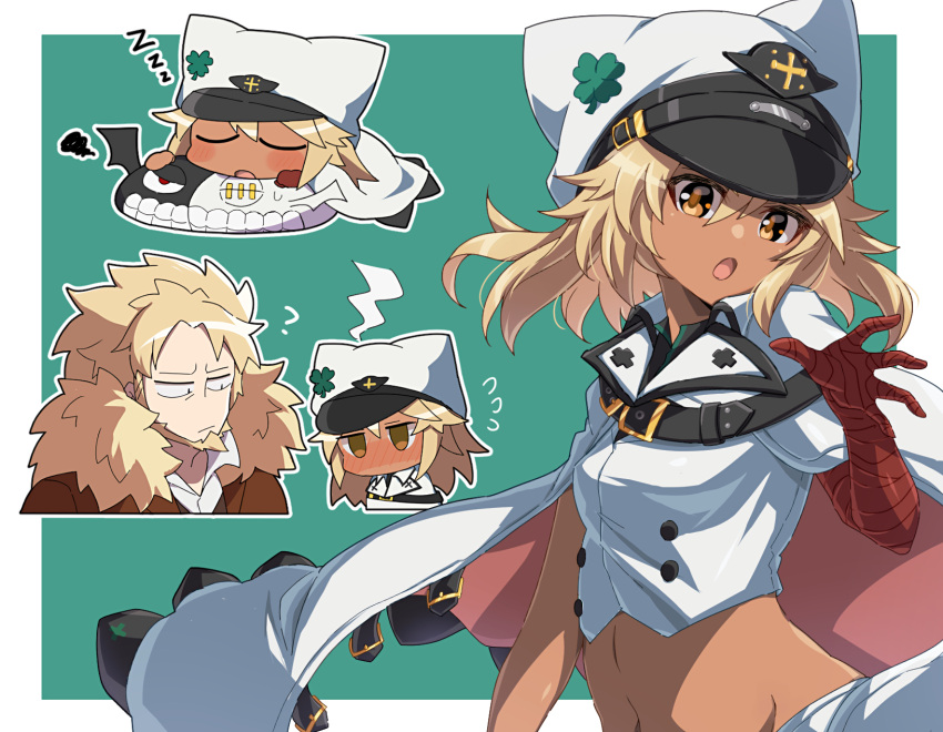 1boy, 1girl, bandaged_arm, bandages, beard, blonde_hair, clover, dark-skinned_female