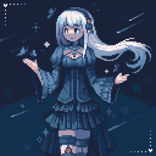 1girl, animated, animated_gif, bangs, black_choker, black_dress, black_headband, black_ribbon, blue_eyes, border, bug, butterfly, choker, commission, commissioner_upload, cross, dress, flower, frilled_skirt, frills, hand_up, headband, legwear_garter, long_hair, looking_to_the_side, makorie, night, night_sky, non-web_source, original, pixel_art, pointy_ears, red_flower, red_rose, ribbon, rose, shaded_face, shooting_star, skirt, sky, smile, white_border, white_hair