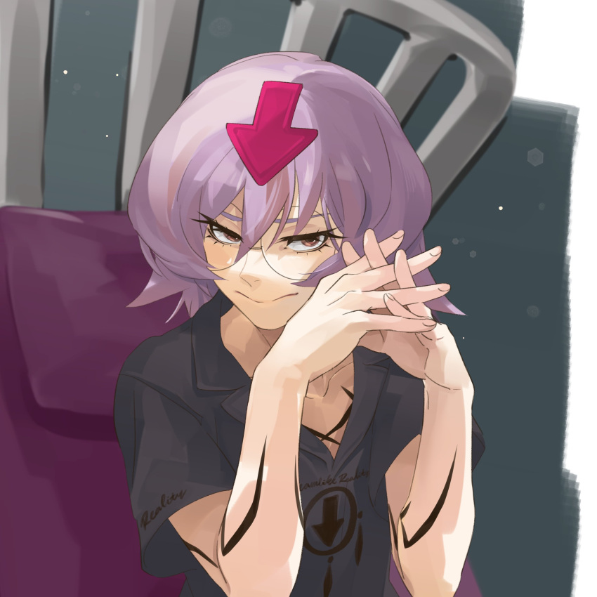 1boy, absurdres, arm_tattoo, arrow_(symbol), bedman, black_shirt, evil_smile, guilty_gear