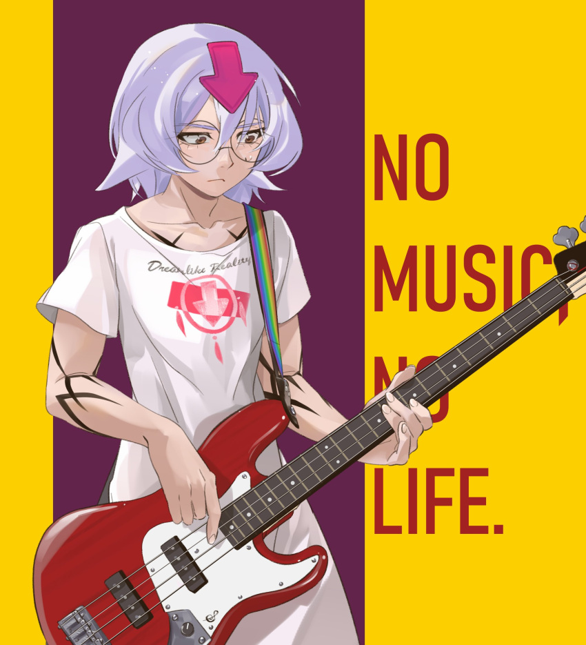 1boy, arm_tattoo, arrow_(symbol), bass_guitar, bedman, english_text, fender_precision_bass, guilty_gear, guilty_gear_xrd, highres, holding, holding_instrument, instrument, light_purple_hair, looking_to_the_side, male_focus, medium_hair, music, pierro_wpmp, playing_instrument, round_eyewear, shirt, short_sleeves, tattoo, white_shirt, yellow_eyes
