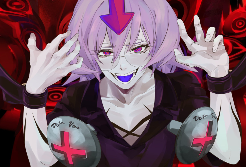 1boy, arm_tattoo, arrow_(symbol), bedman, black_shirt, blue_tongue, chest_tattoo, colored_tongue