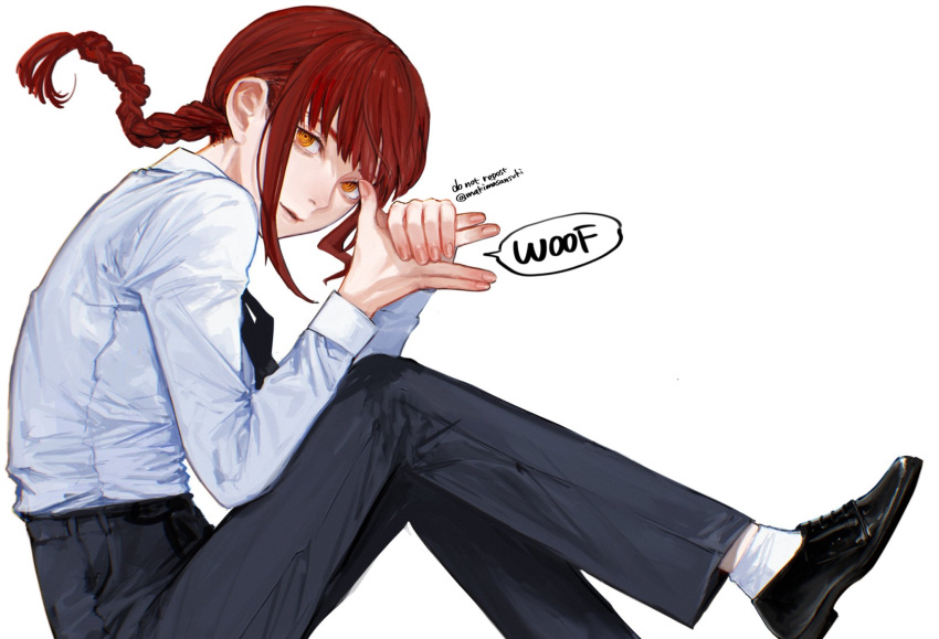 1girl, bangs, black_necktie, black_pants, chainsaw_man, collared_shirt, dog_shadow_puppet, floating_hair
