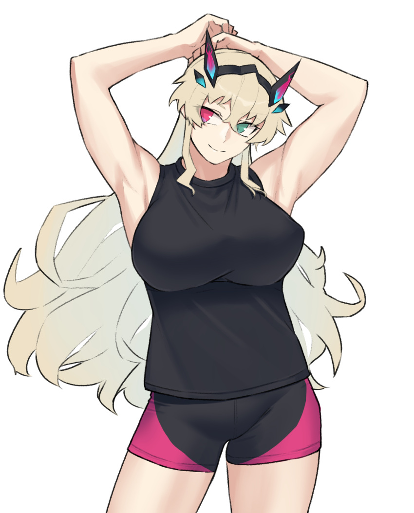 1girl, armpits, ayame310, bangs, bare_shoulders, bike_shorts, breasts, fairy_knight_gawain_(fate), fate/grand_order, fate_(series), highres, huge_breasts, large_breasts, multicolored_eyes, pants, shirt, smile, solo