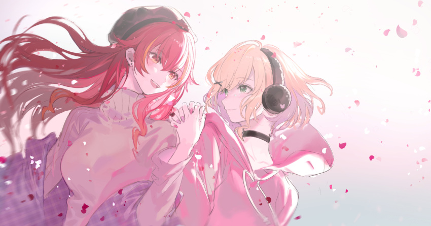 2girls, bangs, beret, black_choker, black_headwear, blonde_hair, blue_shawl, breasts, choker, closed_mouth, collarbone, colored_inner_hair, drawstring, ear_piercing, earmuffs, falling_petals, fangs, grey_sweater, hair_flaps, hair_ornament, hat, highres, holding_hands, hood, hood_down, hoodie, interlocked_fingers, iris_black_games, kanou_(ianeko), kurumi_noah, long_sleeves, looking_at_another, medium_breasts, multicolored_hair, multiple_girls, nail_polish, nekota_tsuna, orange_eyes, orange_hair, petals, piercing, pink_hoodie, pink_nails, plaid_shawl, purple_hair, purple_nails, redhead, shawl, short_hair, smile, sweater, swept_bangs, turtleneck, turtleneck_sweater, virtual_youtuber, vspo!, white_background, x_hair_ornament, yuri