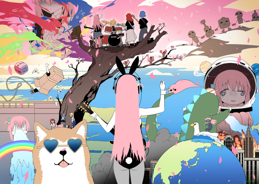 4girls, ahoge, animal_ears, asian_kung-fu_generation, black_shirt, blew_andwhite, blonde_hair, blue_eyes