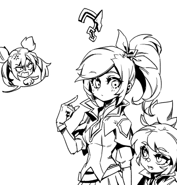 3girls, ?, anger_vein, bangs, battle_academia_lux, blush, breasts, capelet