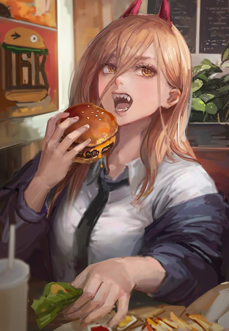 1boy, bangs, black_necktie, blonde_hair, blue_jacket, burger, chainsaw_man, collared_shirt