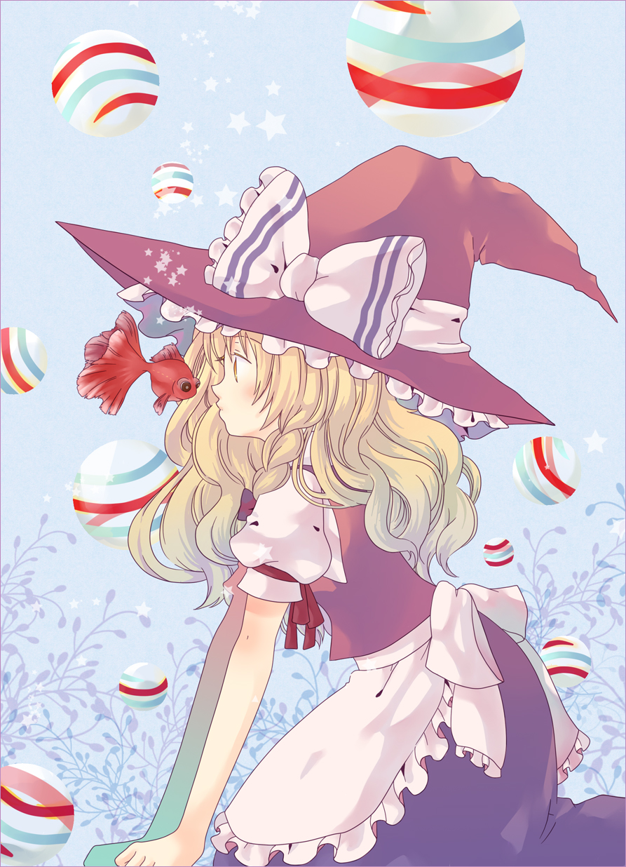 1girl, apron, back_bow, black_headwear, black_skirt, black_vest, blonde_hair, blue_background, bow, braid, broom, broom_riding, fish, frilled_apron, frilled_bow, frilled_headwear, frills, from_side, goldfish, hat, hat_bow, hat_ribbon, highres, kirisame_marisa, long_hair, looking_at_animal, puffy_short_sleeves, puffy_sleeves, ribbon, shirt, short_sleeves, simple_background, single_braid, siva, skirt, solo, striped, striped_bow, touhou, vest, waist_apron, white_apron, white_bow, white_ribbon, white_shirt, witch_hat