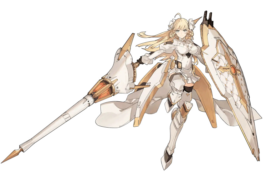 1girl, ahoge, armored_legwear, artery_gear, artery_gear:_fusion, artist_request, blonde_hair, breasts