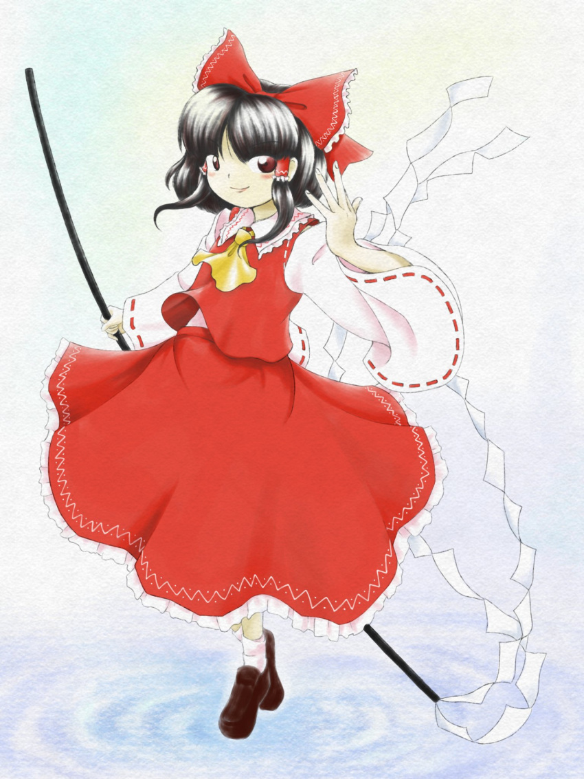 1girl, ascot, bangs, black_hair, bow, brown_footwear, closed_mouth, detached_sleeves