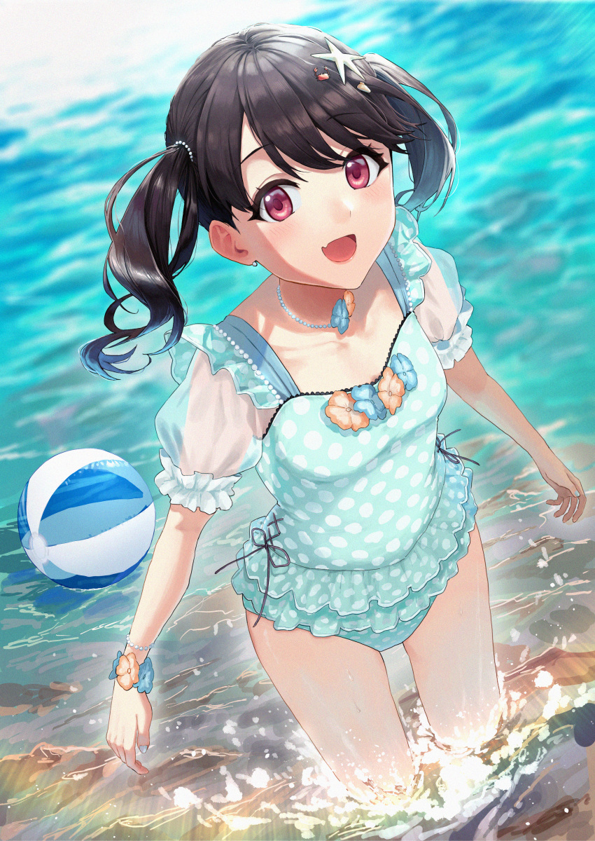 1girl, :d, absurdres, alt_text, aqua_one-piece_swimsuit, arms_at_sides, ball, bangs, beachball, bead_bracelet, bead_necklace, beads, black_hair, blue_flower, blue_nails, blurry, blurry_background, blush, bracelet, breasts, casual_one-piece_swimsuit, caustics, collarbone, commentary_request, crab_hair_ornament, day, depth_of_field, dutch_angle, earrings, fang, flower, frilled_one-piece_swimsuit, frilled_sleeves, frills, fukumaru_koito, hair_beads, hair_ornament, highres, idolmaster, idolmaster_shiny_colors, jewelry, looking_at_viewer, medium_hair, nail_polish, neck_flower, necklace, ocean, one-piece_swimsuit, orange_flower, outdoors, polka_dot, polka_dot_one-piece_swimsuit, polka_dot_swimsuit, puffy_short_sleeves, puffy_sleeves, red_eyes, see-through, see-through_sleeves, shell_hair_ornament, short_sleeves, short_twintails, side-tie_swimsuit, skin_fang, sleeved_one-piece_swimsuit, small_breasts, smile, solo, splashing, standing, starfish_hair_ornament, stud_earrings, swept_bangs, swimsuit, thighs, twintails, wading, water, wrist_flower, zelo6